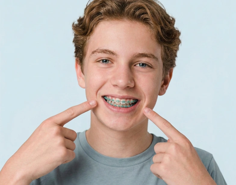 Close-up of modern metal braces with coloured bands