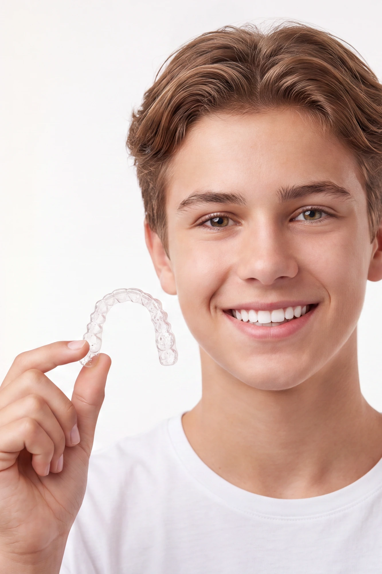 Teenager holding an Invisalign clear aligner