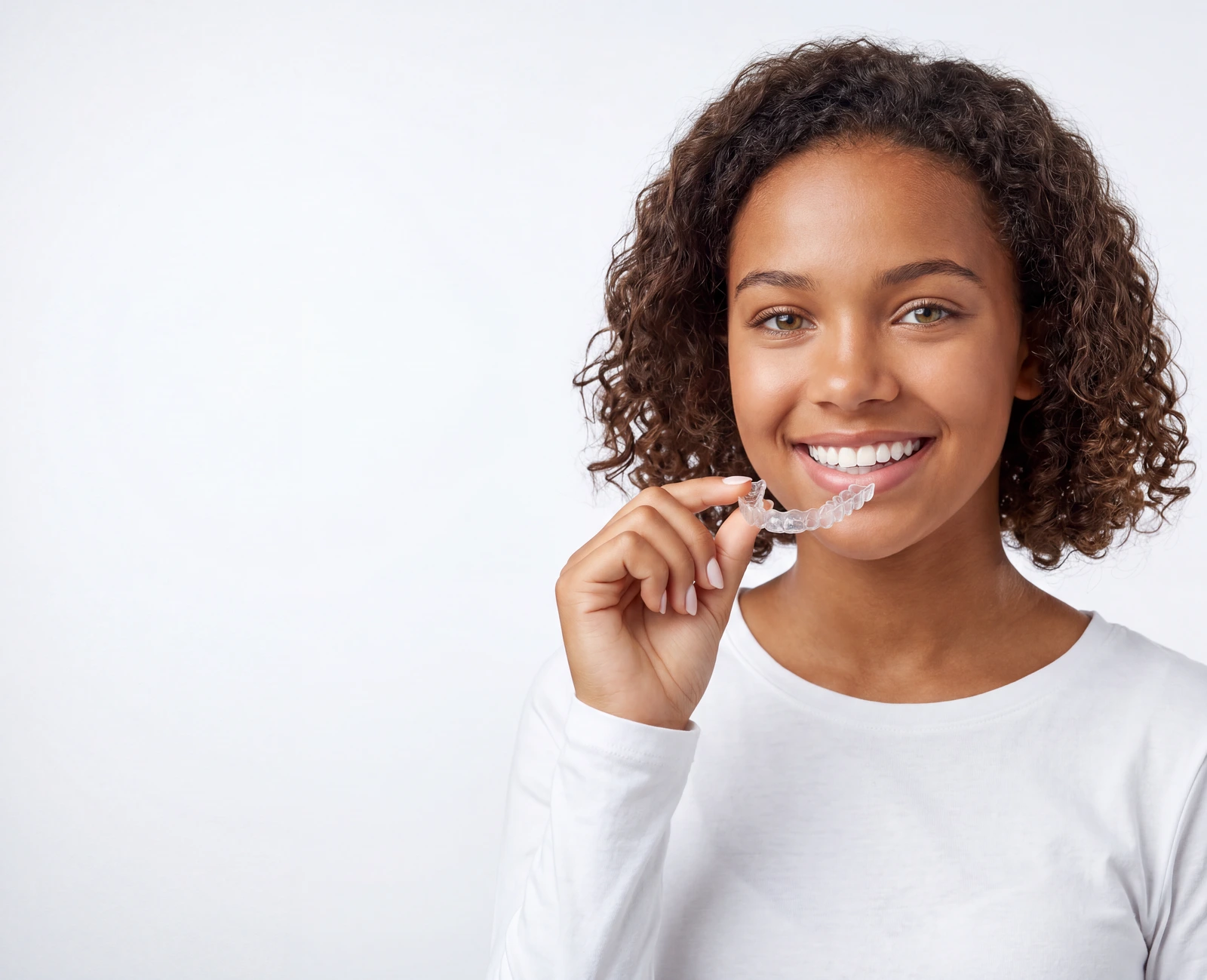A teenager holding an Invisalign clear aligner A teenager holding an Invisalign clear aligner